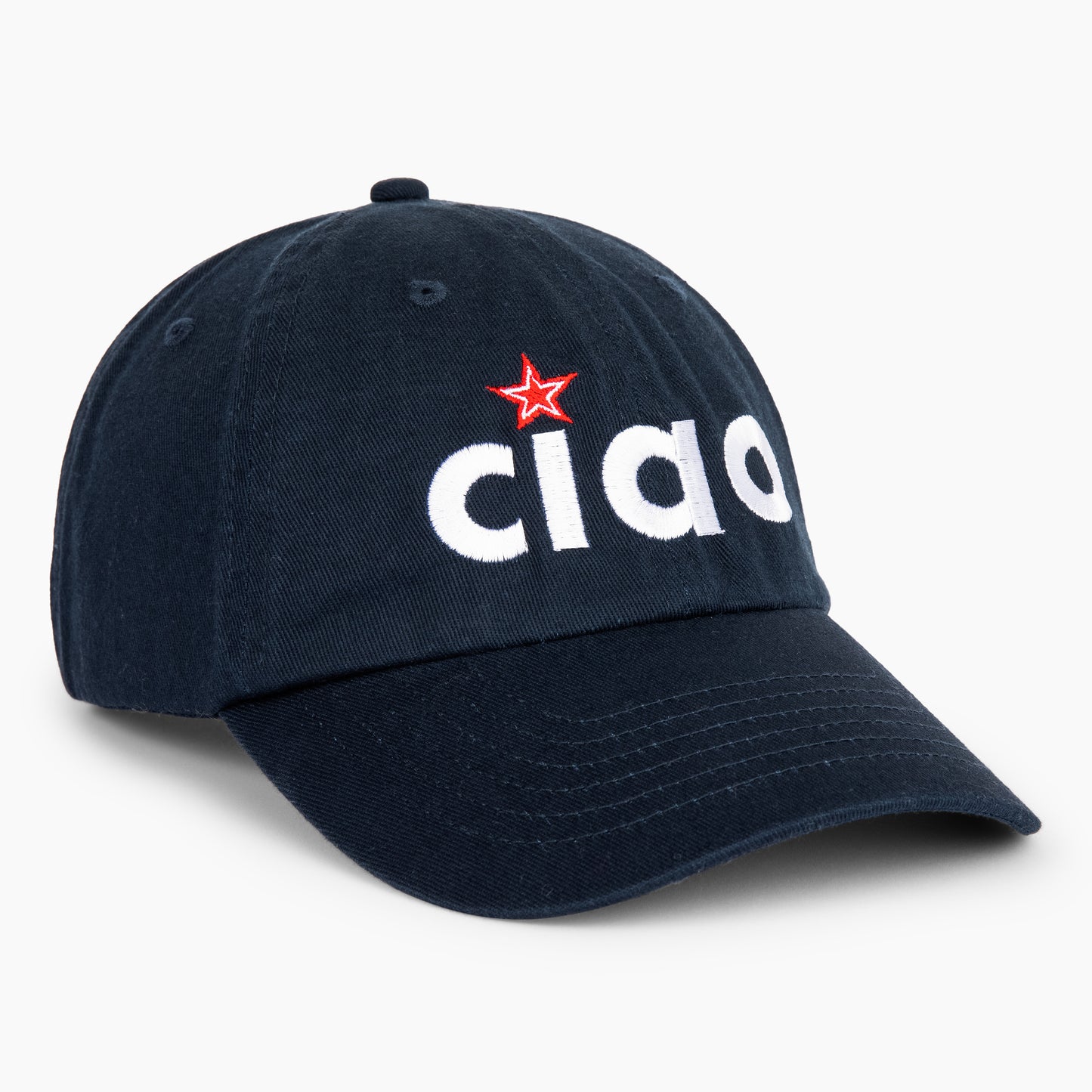 Navy blue baseball cap with white 'ciao' text and red star logo