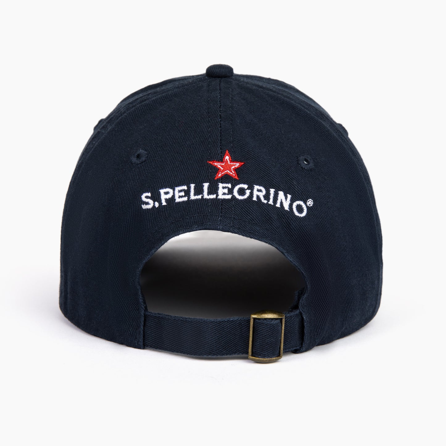 Back view of navy baseball cap showing S.Pellegrino logo with red star and adjustable strap